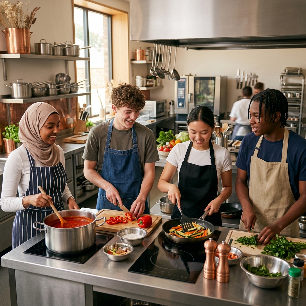 Youth cooking in commercial kitchen